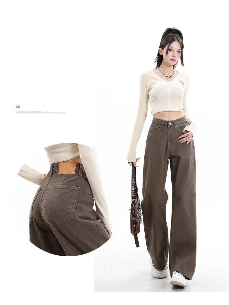 Rock the urban vibe with these baggy, high-street fashion, straight brown jeans for women! -