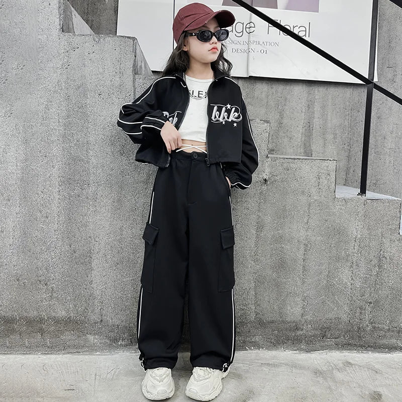 Teen children clothes Girl Dance Clothes Set Short Zipper Coat+Pants 2pcs Kids suit Tracksuits Clothing outfits 5 6 7 9 11 13 15 -