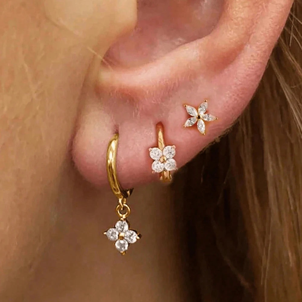 3PCS Stainless Steel Zircon Flower Earring Set for Women -