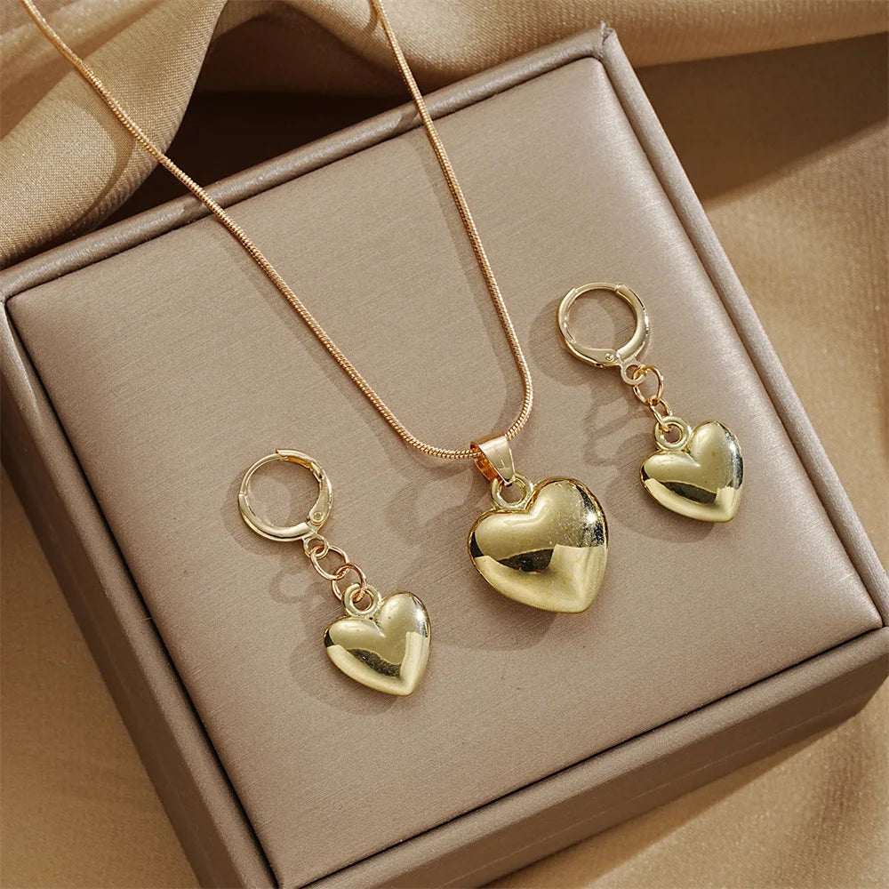 Glossy Gold Plated Metal Love Heart Dangle Earrings Set -