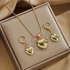 Glossy Gold Plated Metal Love Heart Dangle Earrings Set -