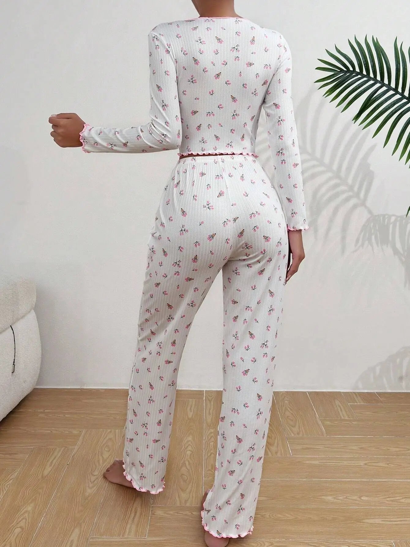 Y2K Cute Floral Ribbed Pajama Set Womens Long Sleeve V Neck Two Piece Sleepwear Homewear Autumn Winter Bow Lettuce Trim New Hot -