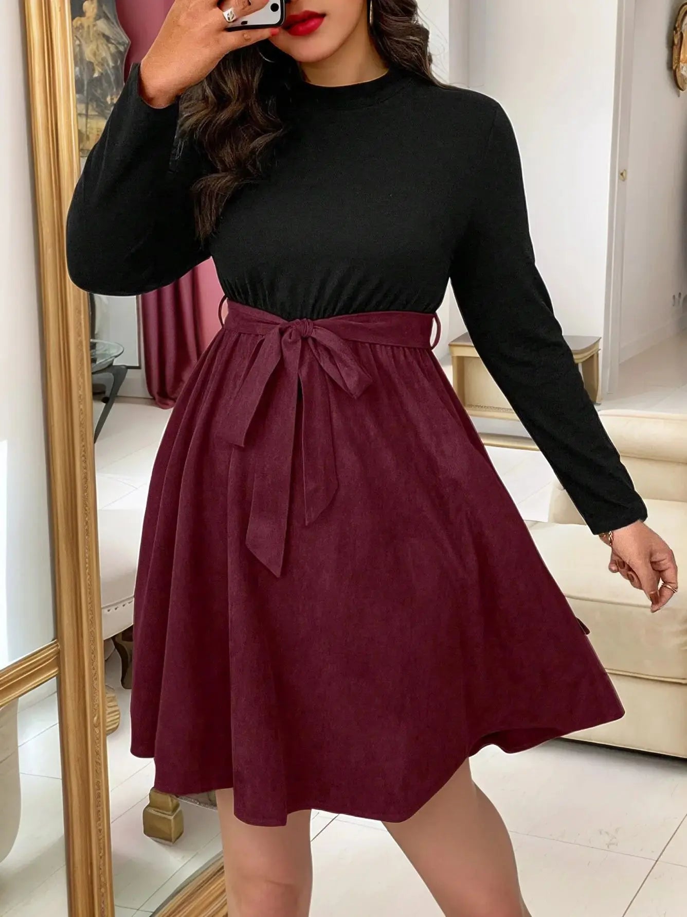 Women's patchwork dress with two-color waistband, plus size, autumn and winter, large size, double-color belt, A-line dress, can -