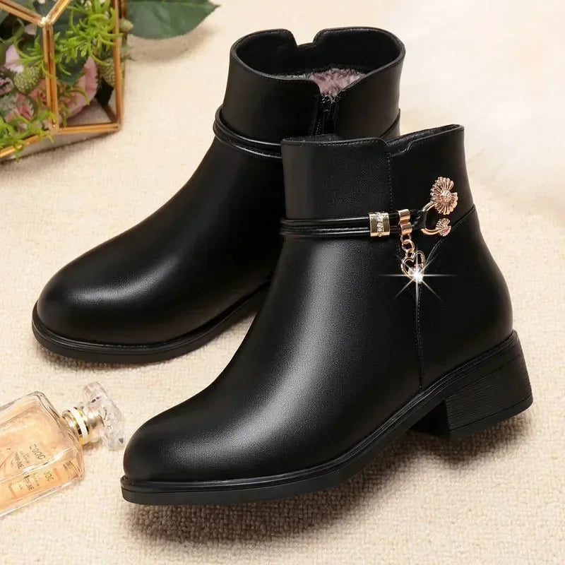 Winter Boots Women's Waterproof Warm Leather Mother Cotton Boots Fashion Black Mid heel Plush Snow Boots Soft Sole Short Boot -
