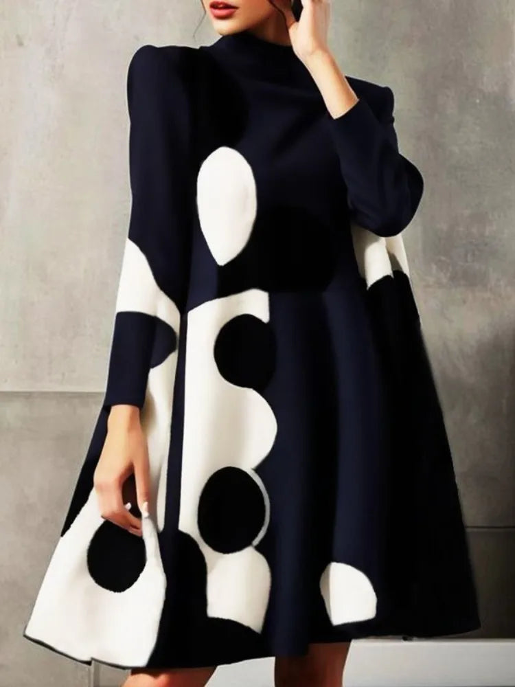 Yeezzi 2025 New Spring Women's Polka-Dot High-neck British Style Evening Mini Dresses Long Sleeves Elegant A-Line Party Dress -