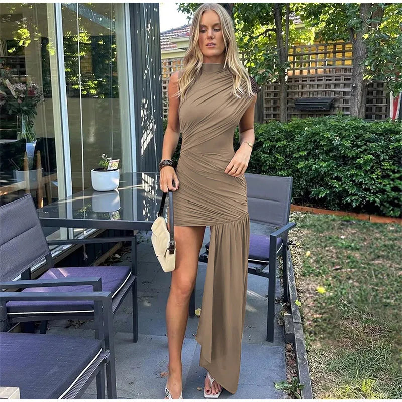 Elegant Women Pleated Irregular Patchwork Maxi Dress Chic Long Sleeve High Neack Dresses 2025 Summer Turtleneck Party Prom Gowns -
