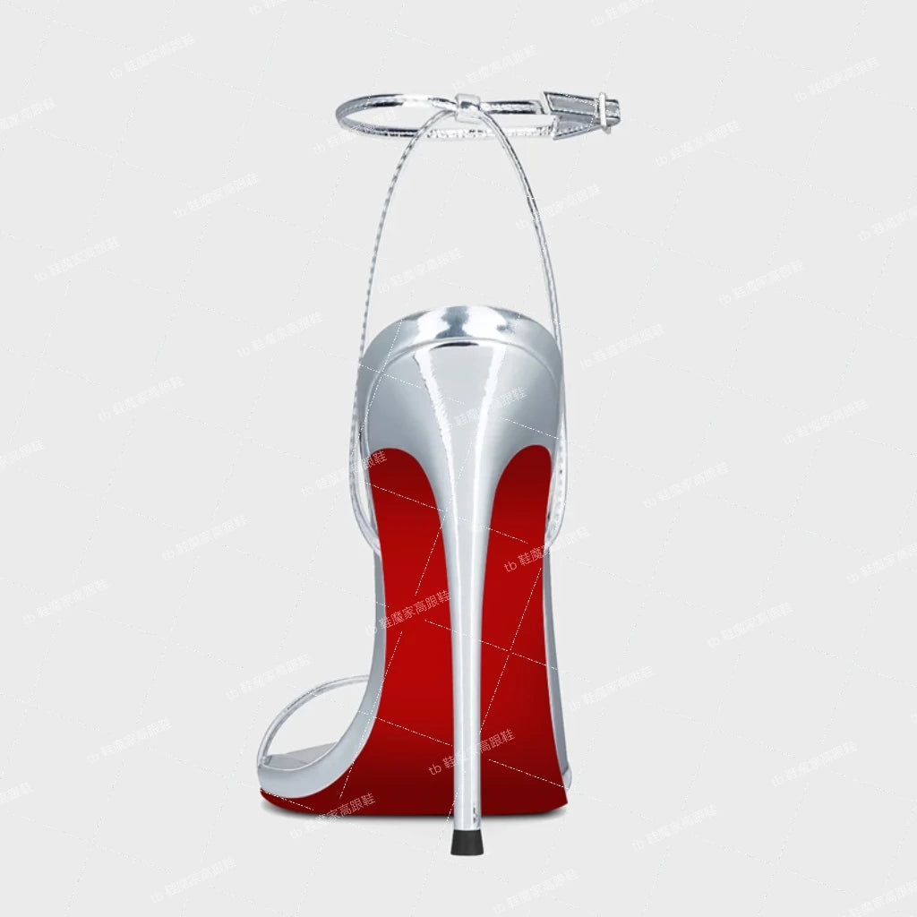 Silver 12cm slim toe high-heeled shoes, 2025 new sexy one-piece buckle fashion sandals, single shoe33-46 -