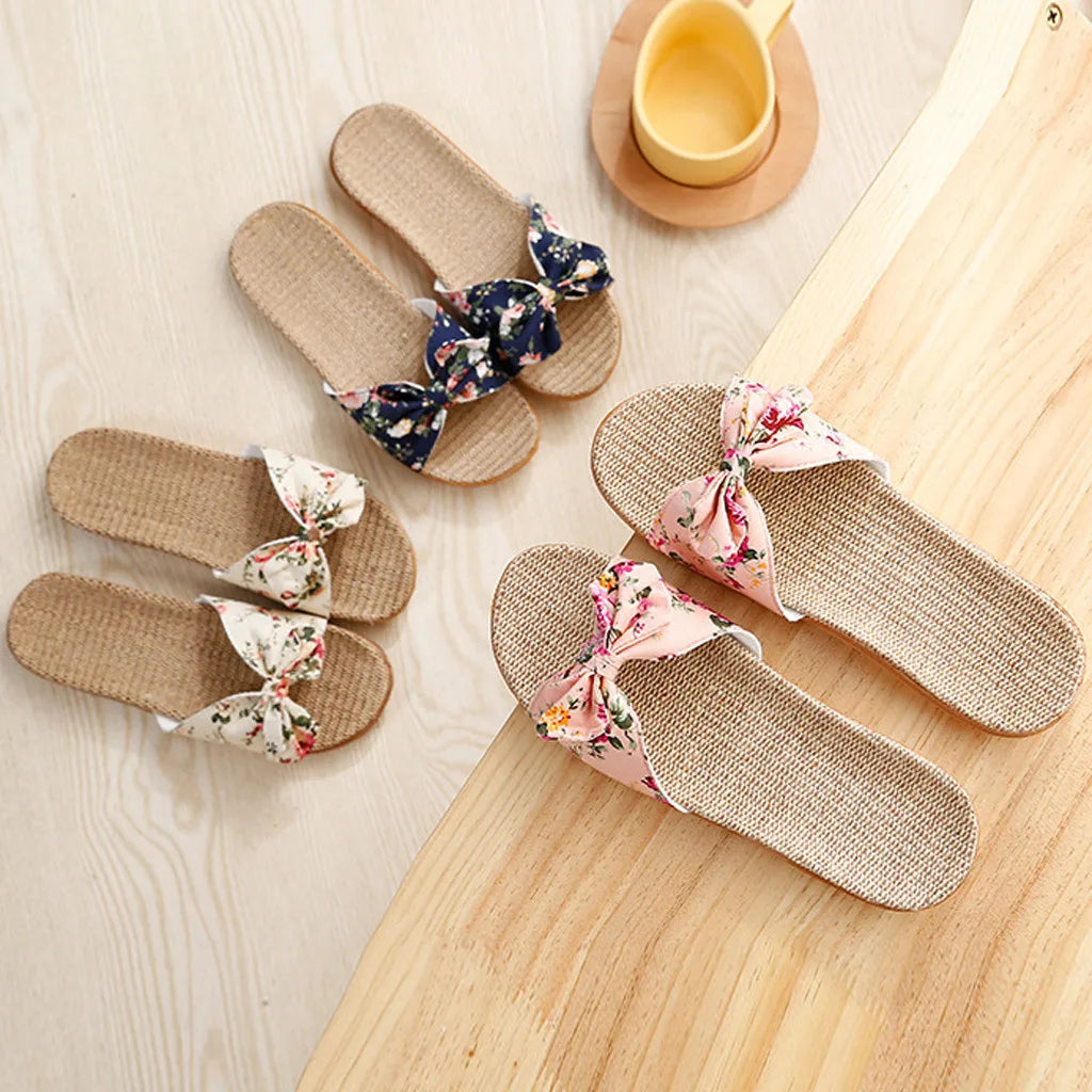 Ladies' Bohemian Style Bow Flower Linen Slippers Sandals Beach Shoes Home Shoes Beach Slippers Indoor Non Slip Shoes 2024 -