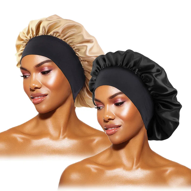 Protect your hair in style with these satin solid bonnets. Featuring a wide-brim design, these hats are perfect for night sleeping or bathing and are suitable for both men and women. -