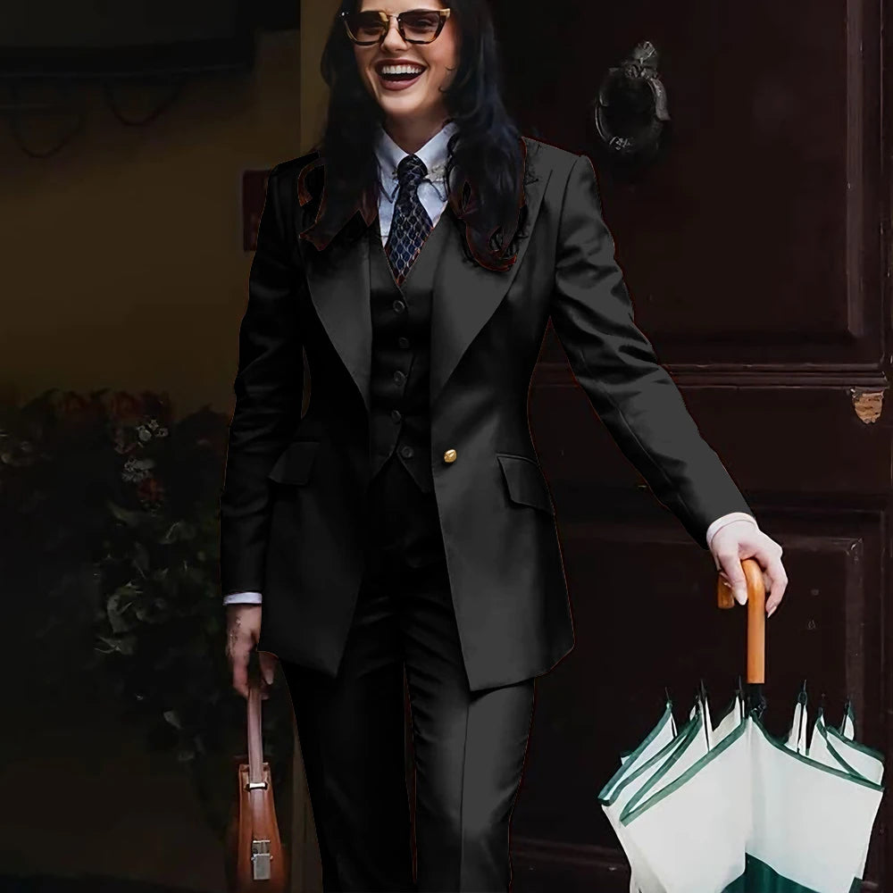 Autumn Retro Red Women's Jacket Pant Sets 3Piece Suit Single Button Peaked Lapel Blazer Formal Office Professional Outerwears -