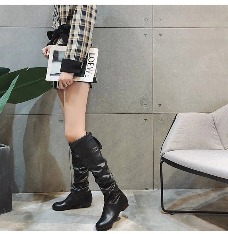 2023Shoes For Women Knee High Boots Red Black White Tall Boots Woman Pleated Low Heel Casual Leather Female Long Shoes -