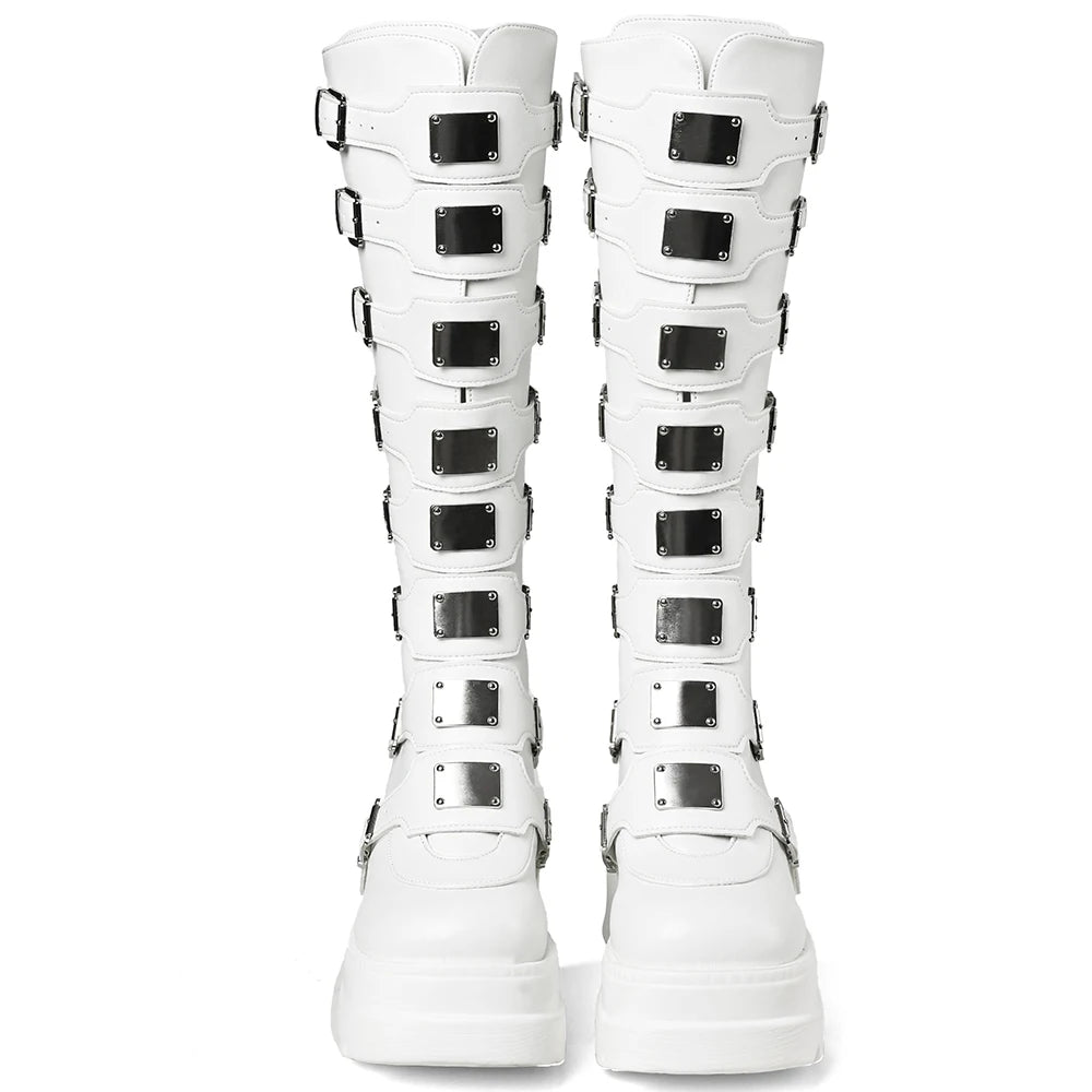 GIGIFOX Goth Metal Buckle Combat Mid-Calf Boots For Women Round Toe Platform Chunky High Wedges Cool Fashion Motorcycle Boots -