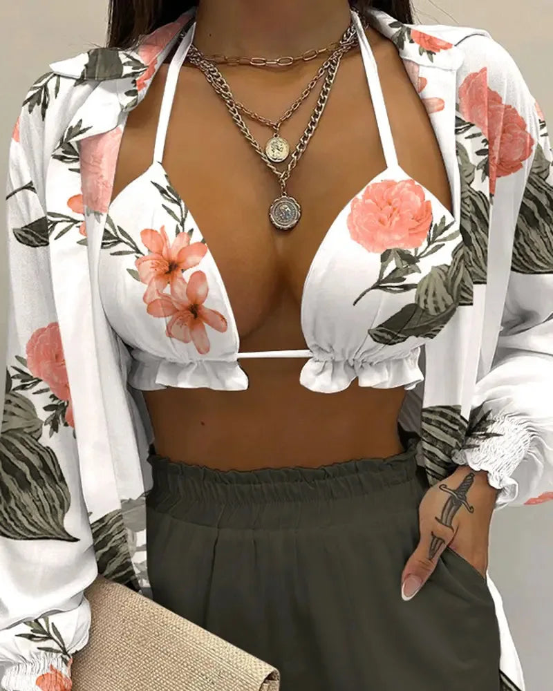 2024 New Bathing Suit Shorts Cover Up Summer Three Pieces Swimwear Sexy Beachwear High Waist Bikini Set Print Women's Swimsuit -