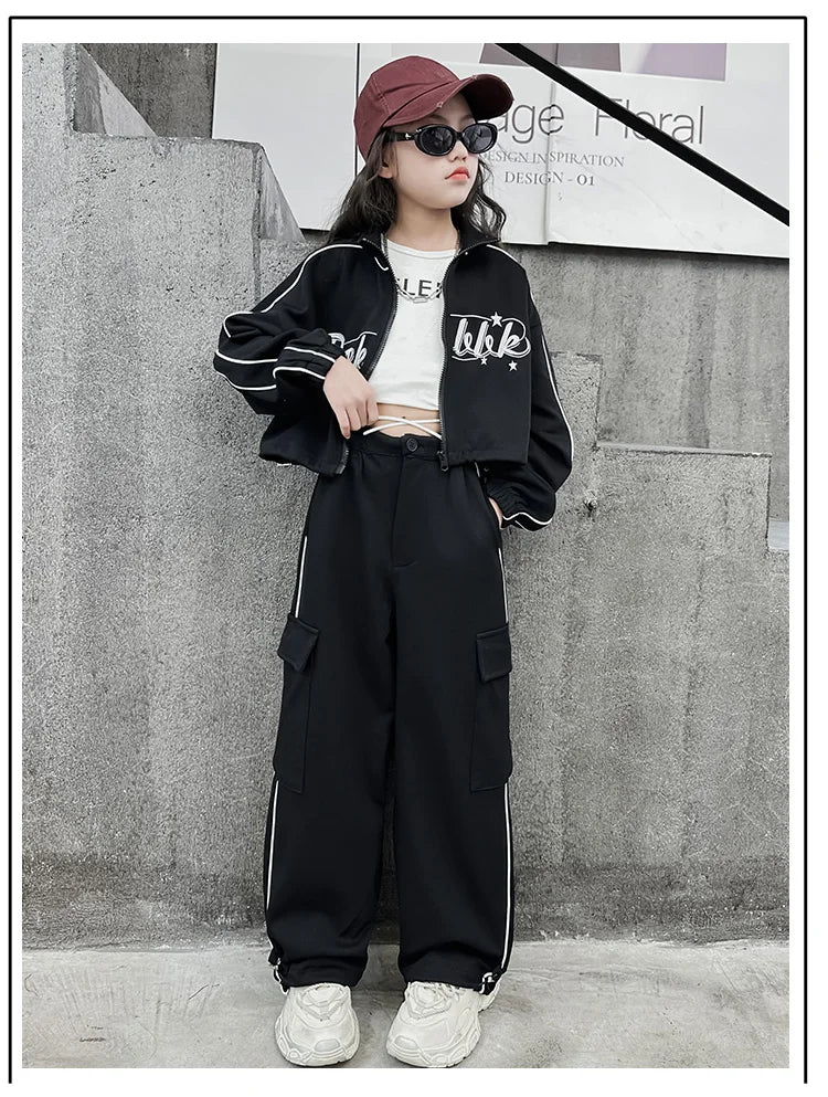 Teen children clothes Girl Dance Clothes Set Short Zipper Coat+Pants 2pcs Kids suit Tracksuits Clothing outfits 5 6 7 9 11 13 15 -