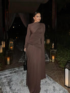Elegant Women Pleated Irregular Patchwork Maxi Dress Chic Long Sleeve High Neack Dresses 2025 Summer Turtleneck Party Prom Gowns -