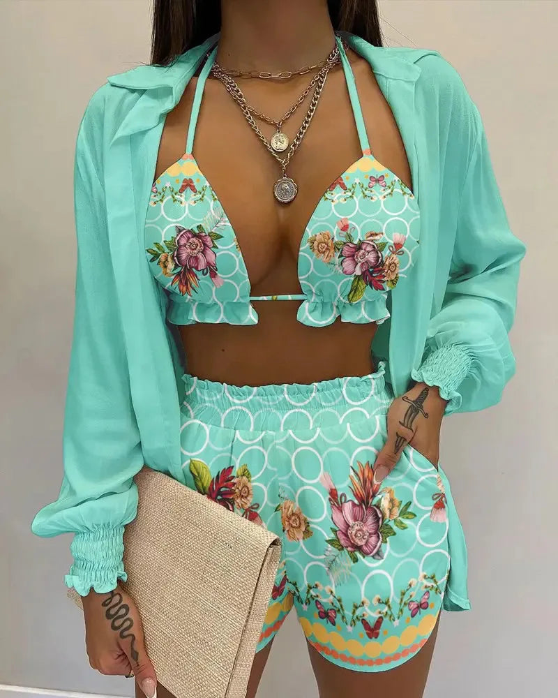 2024 New Bathing Suit Shorts Cover Up Summer Three Pieces Swimwear Sexy Beachwear High Waist Bikini Set Print Women's Swimsuit -