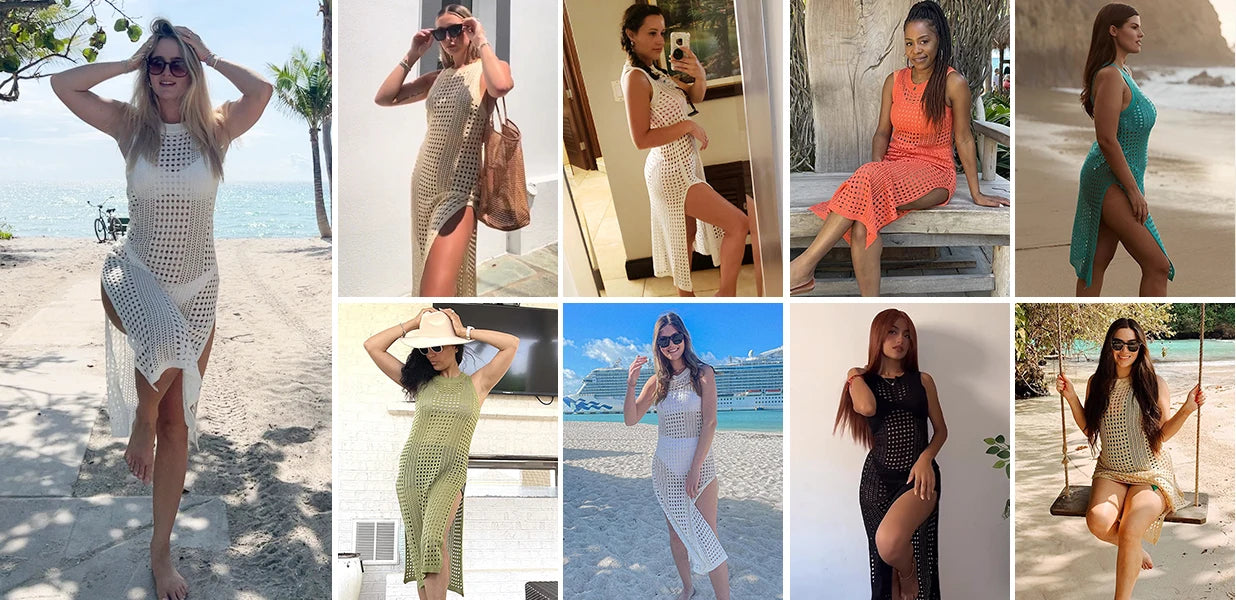 2024 Women Swimsuits Cover Ups Crochet Bathing Suit Hollow Out Bikini Coverup Beach Swimwear Sleeveless Side Split Beach Dresses -