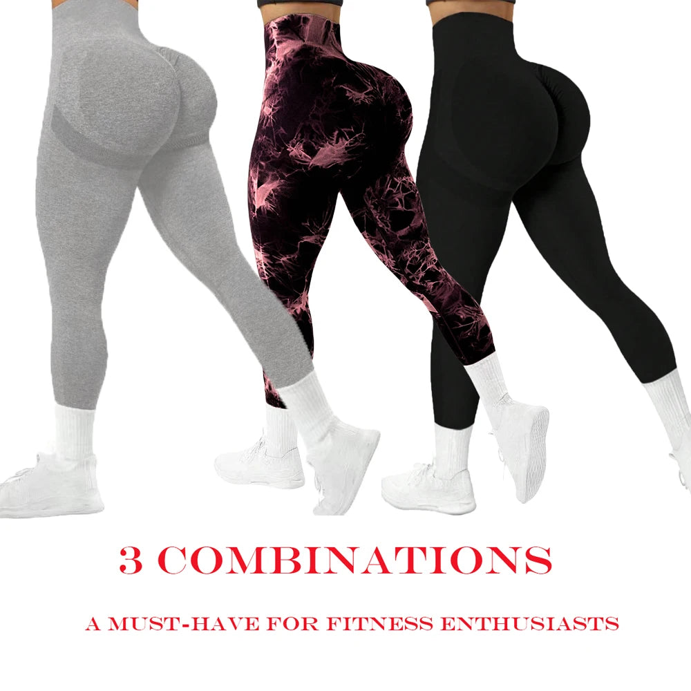 Three pairs of seamless high-waist yoga trousers, solid color + tie-dye combination, perfect for yoga, gym and running. -
