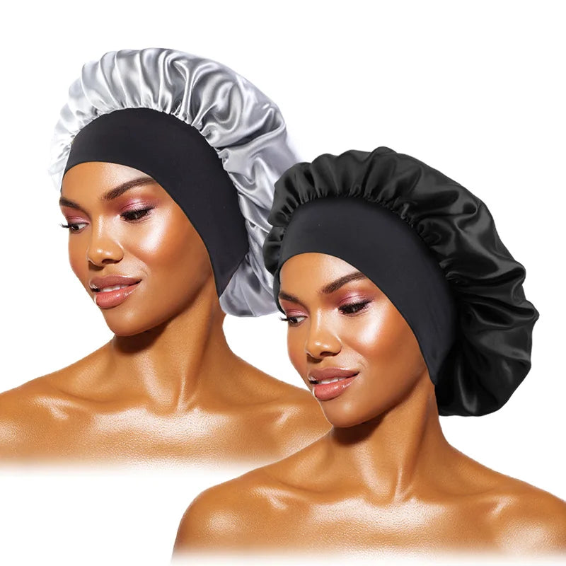 Protect your hair in style with these satin solid bonnets. Featuring a wide-brim design, these hats are perfect for night sleeping or bathing and are suitable for both men and women. -