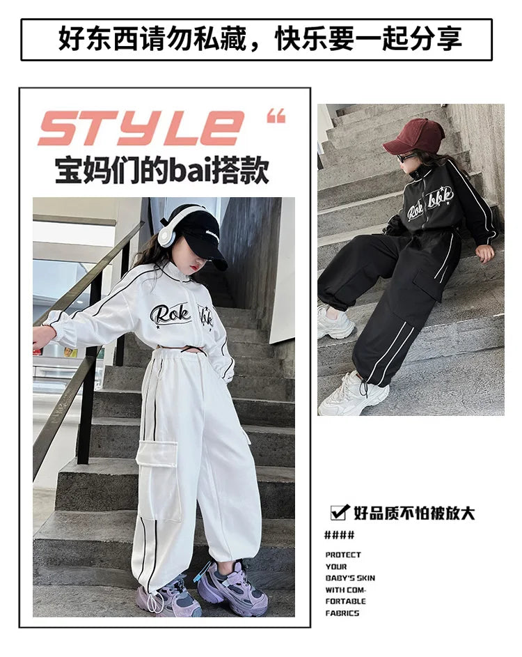 Teen children clothes Girl Dance Clothes Set Short Zipper Coat+Pants 2pcs Kids suit Tracksuits Clothing outfits 5 6 7 9 11 13 15 -