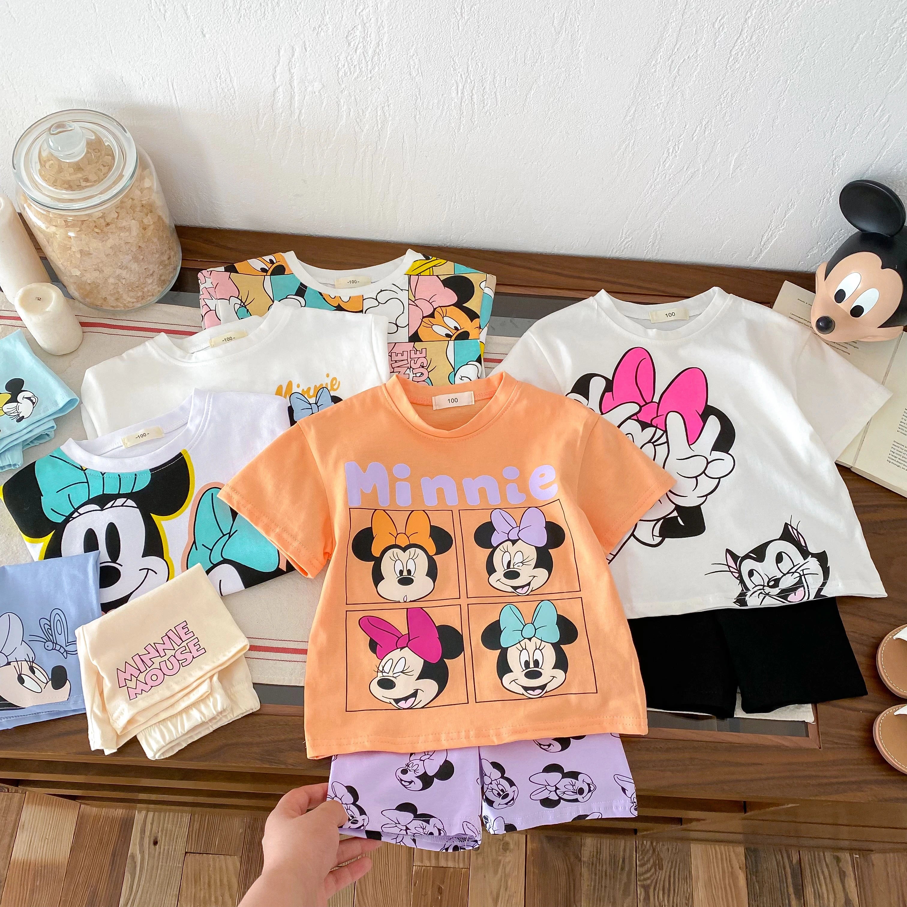 Girls Child Suits Cartoon TShirt Solid Color Shorts 2pcs Short Sleeve Tracksuits Outer Wear Kids Casual Cute Black Tees Outfit -