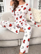 Heart Print Ribbed Frill Trim Pajama Set for Women Sleepwear Knitted Round-Neck Loose Tops Elastic Long Pants Loungewear -
