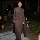Elegant Women Pleated Irregular Patchwork Maxi Dress Chic Long Sleeve High Neack Dresses 2025 Summer Turtleneck Party Prom Gowns -