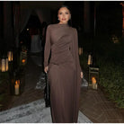 Elegant Women Pleated Irregular Patchwork Maxi Dress Chic Long Sleeve High Neack Dresses 2025 Summer Turtleneck Party Prom Gowns -