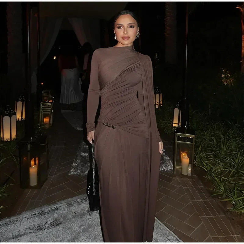 Elegant Women Pleated Irregular Patchwork Maxi Dress Chic Long Sleeve High Neack Dresses 2025 Summer Turtleneck Party Prom Gowns -