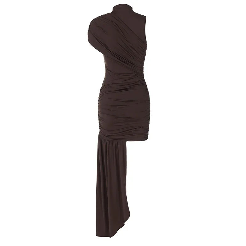 Elegant Women Pleated Irregular Patchwork Maxi Dress Chic Long Sleeve High Neack Dresses 2025 Summer Turtleneck Party Prom Gowns -