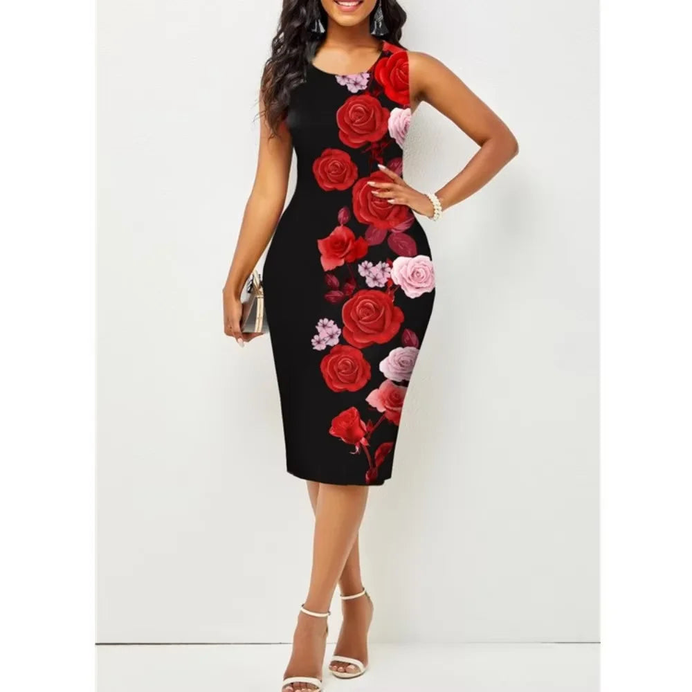 Plus Size Midi Dress for Women Elegant Print Party Dress 2024 Sleeveless Slim Dress -