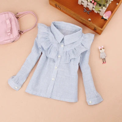Teenage Girls Clothes Autumn Kids Blue Stripe Blouses Turn-down Collar Full Sleeve Shirt Children Cotton Tops School Girl Blouse -