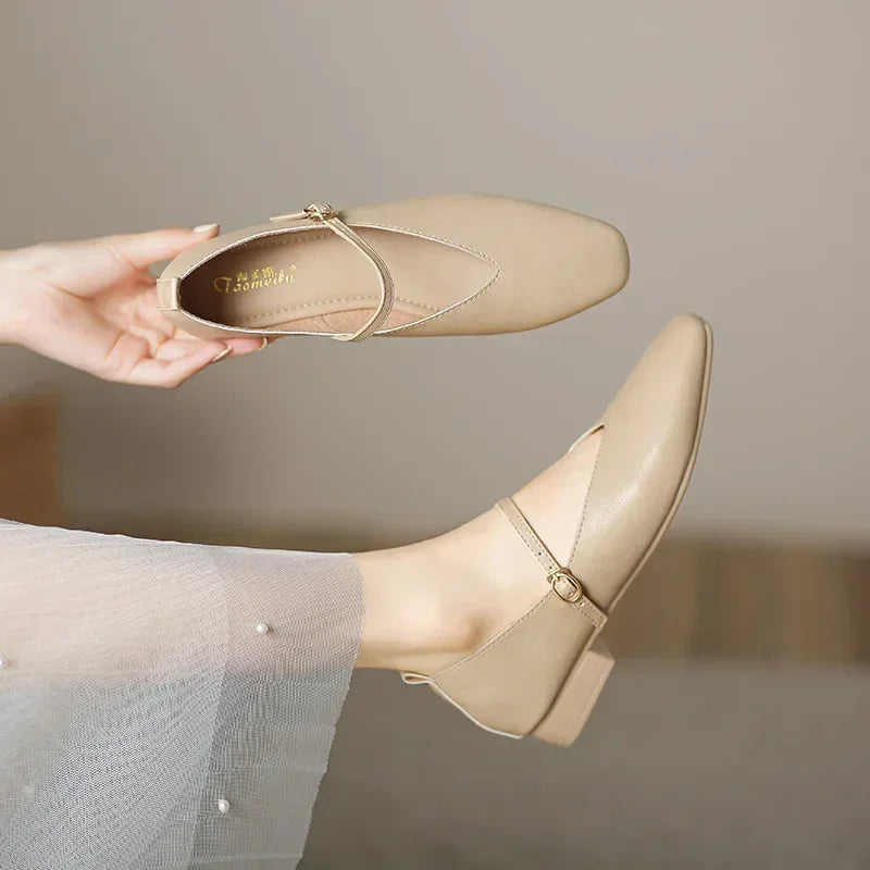 Woman Spring Casual Square Toe Low Soft Soled Shoes Lolita Ballerina Red Flats Female Elegant French Retro Buckle Mary Janes -