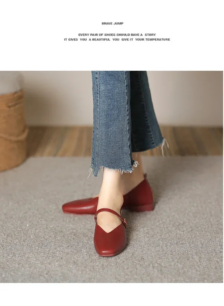 Woman Spring Casual Square Toe Low Soft Soled Shoes Lolita Ballerina Red Flats Female Elegant French Retro Buckle Mary Janes -