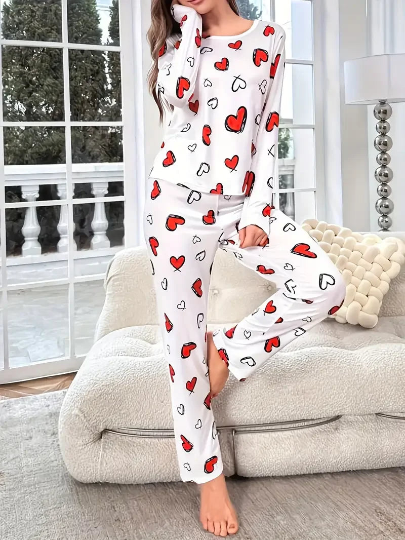 Heart Print Ribbed Frill Trim Pajama Set for Women Sleepwear Knitted Round-Neck Loose Tops Elastic Long Pants Loungewear -