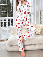 Heart Print Ribbed Frill Trim Pajama Set for Women Sleepwear Knitted Round-Neck Loose Tops Elastic Long Pants Loungewear -