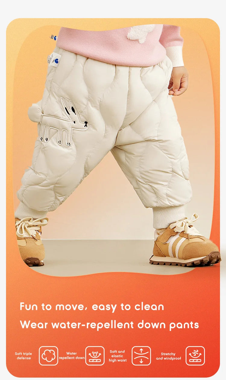 Keep your kids cozy and protected with these new style three-proof high-waisted warm down trousers—perfect for boys and girls on chilly days! -