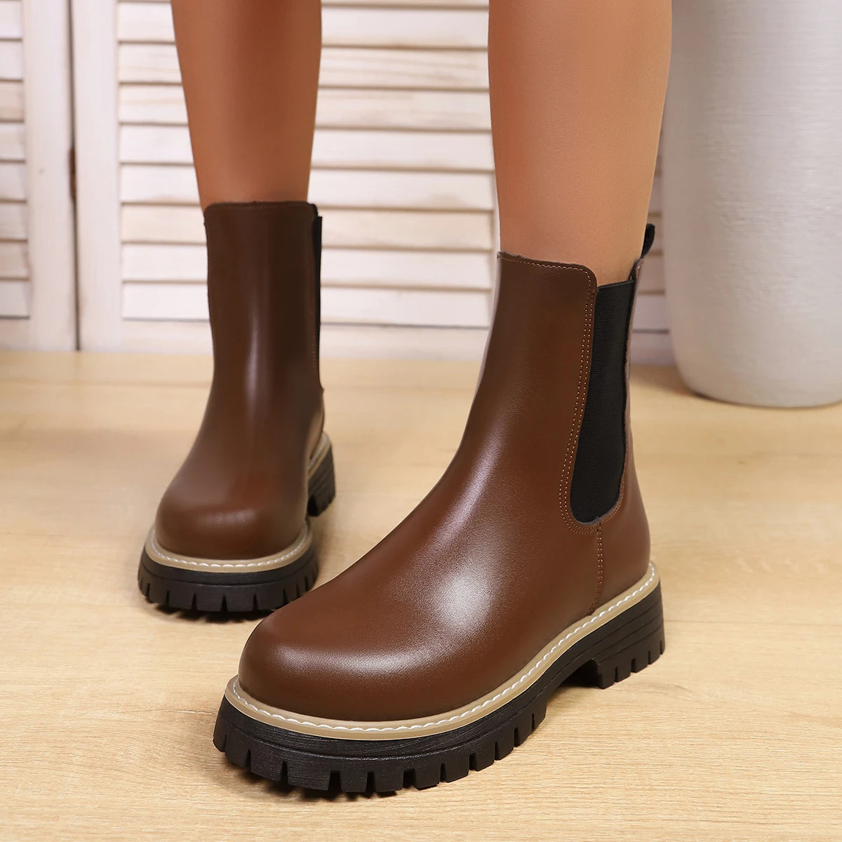 Shoes for Women Autumn and Winter New Round Toe Low Heel Women Boots Chelsea Motorcycle Boots Solid Color Casual Women Shoes 43 -