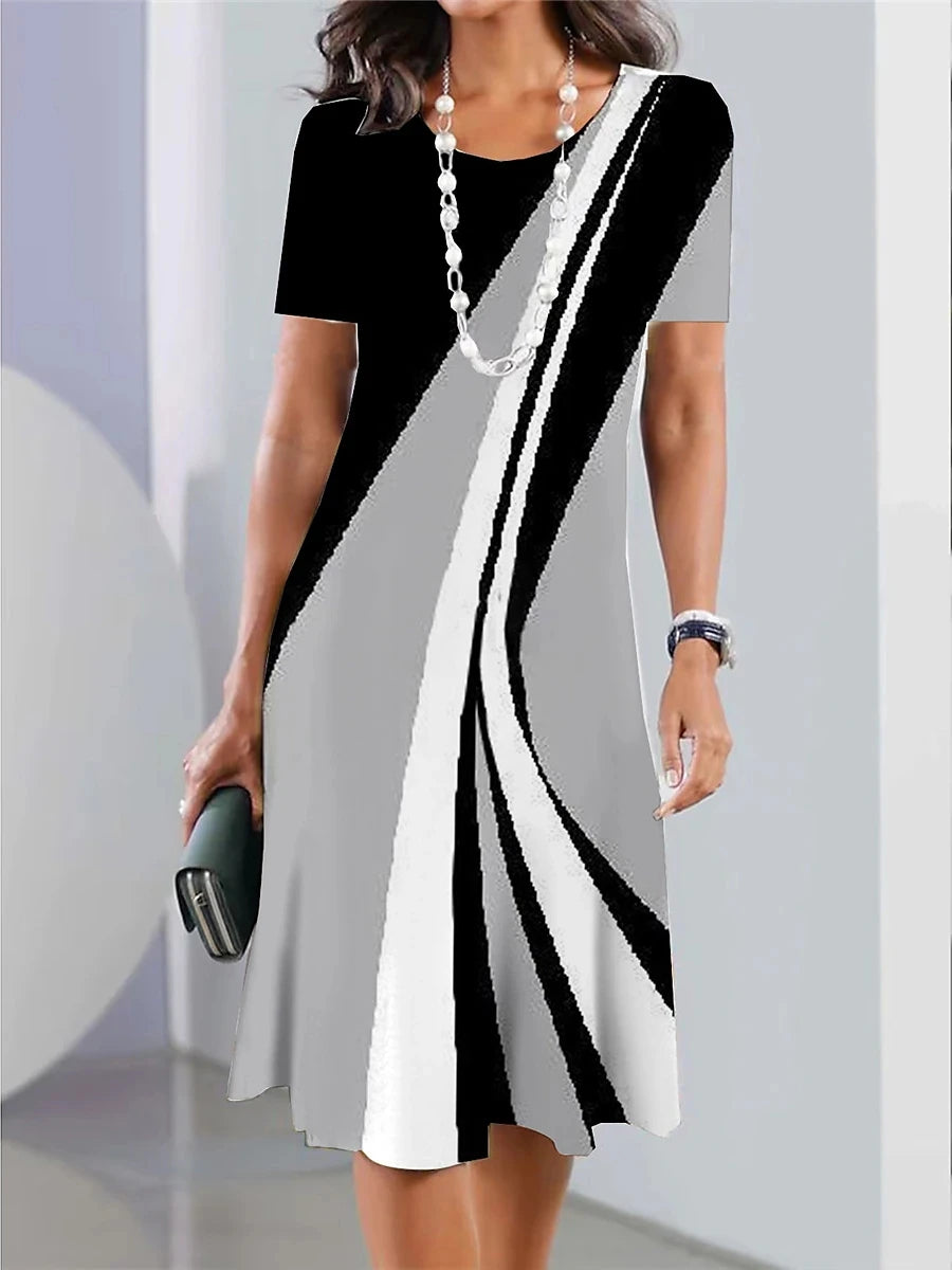 New Women's Dresses Striped Printed Elegant Casual O Neck Short Sleeve Summer Dresses Fashion Ladies Plus Size Clothing Vestidos -