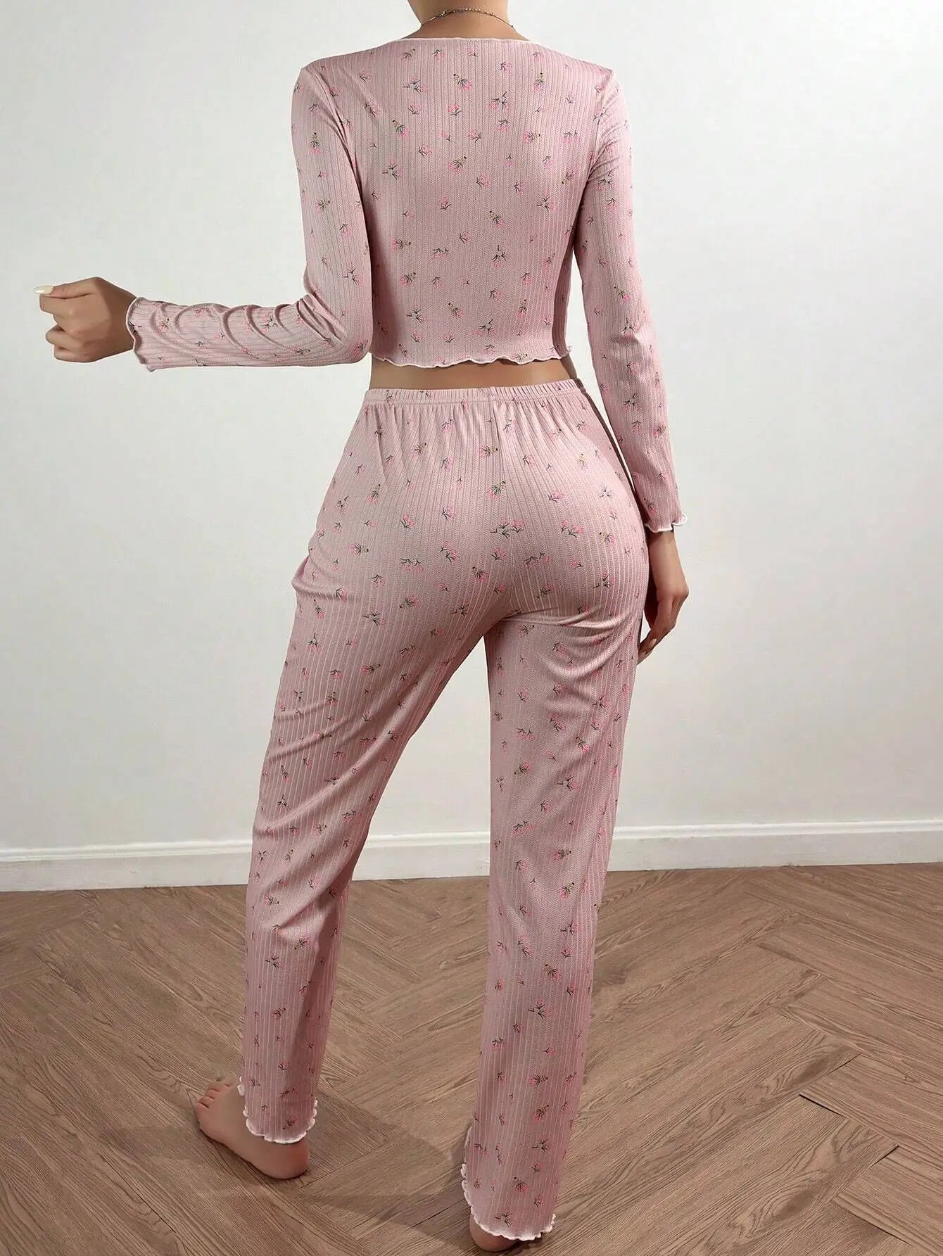 Y2K Cute Floral Ribbed Pajama Set Womens Long Sleeve V Neck Two Piece Sleepwear Homewear Autumn Winter Bow Lettuce Trim New Hot -