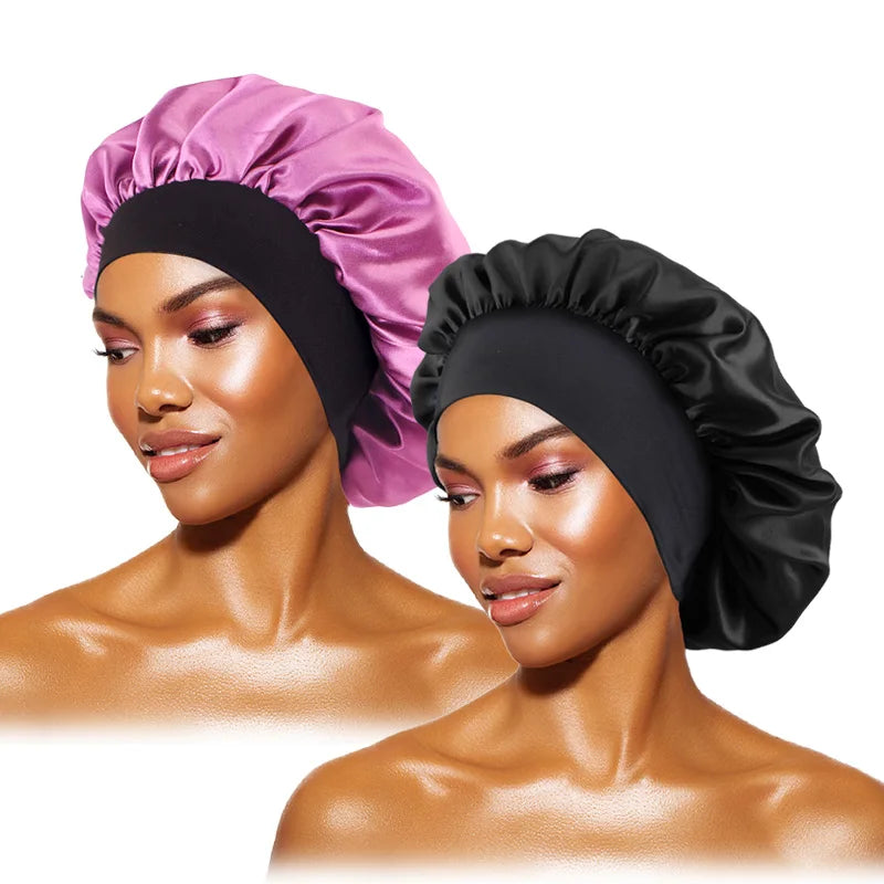 Protect your hair in style with these satin solid bonnets. Featuring a wide-brim design, these hats are perfect for night sleeping or bathing and are suitable for both men and women. -