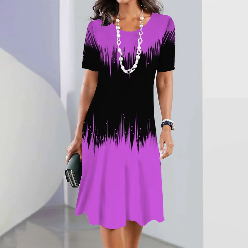 New Women's Dresses Striped Printed Elegant Casual O Neck Short Sleeve Summer Dresses Fashion Ladies Plus Size Clothing Vestidos -