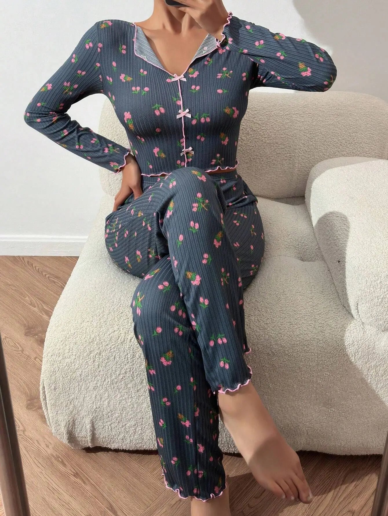 Y2K Cute Floral Ribbed Pajama Set Womens Long Sleeve V Neck Two Piece Sleepwear Homewear Autumn Winter Bow Lettuce Trim New Hot -
