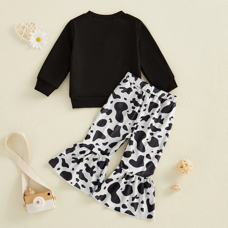 Little Girls 2PCS Fall Sets Long Sleeve O Neck Tops Leopard Print Flared Pants Set -