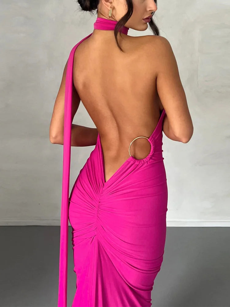 One Shoulder Sleeveless Backless Maxi Dress -