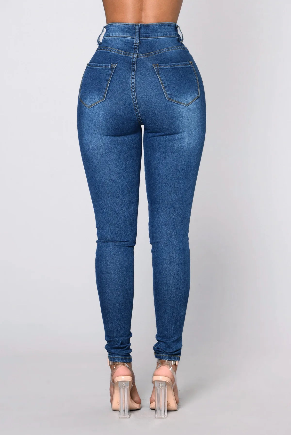 Women High Waist Stretch Hip Lift Denim Skinny Pants Jeans Full Length Sexy Slim Bleachded Solid Color Pants -
