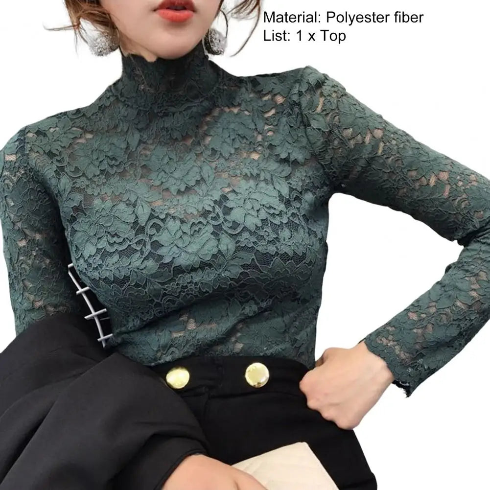 Achieve an elegant and feminine look with this long sleeve lace crochet top. The see-through design adds a touch of allure and sophistication to your outfit. -