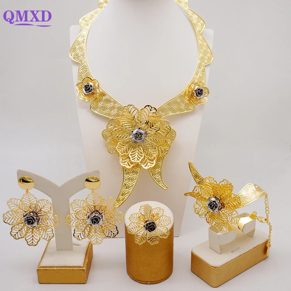 Flower Necklace Bracelet Earrings Ring Set -