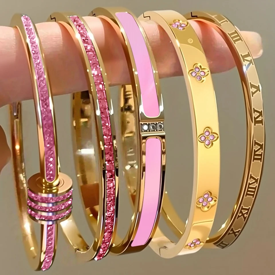 5/1pcs Sparkling Zirconia Inlaid Stainless Steel Bracelet Set -
