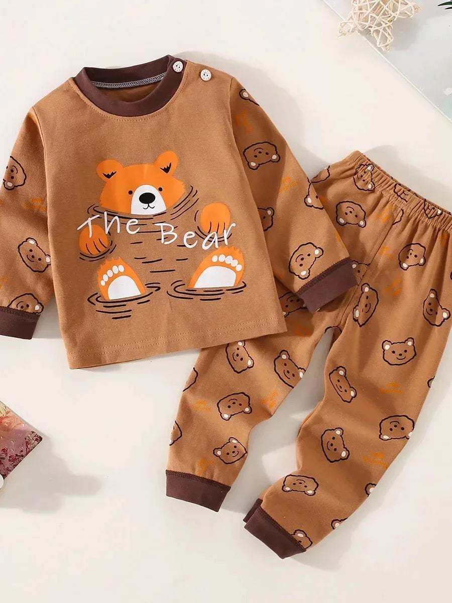 Toddler Boys Underwear Set Cotton Lettering And Bear Pattern Long Sleeve Top And Matching Pants Pajama Set -